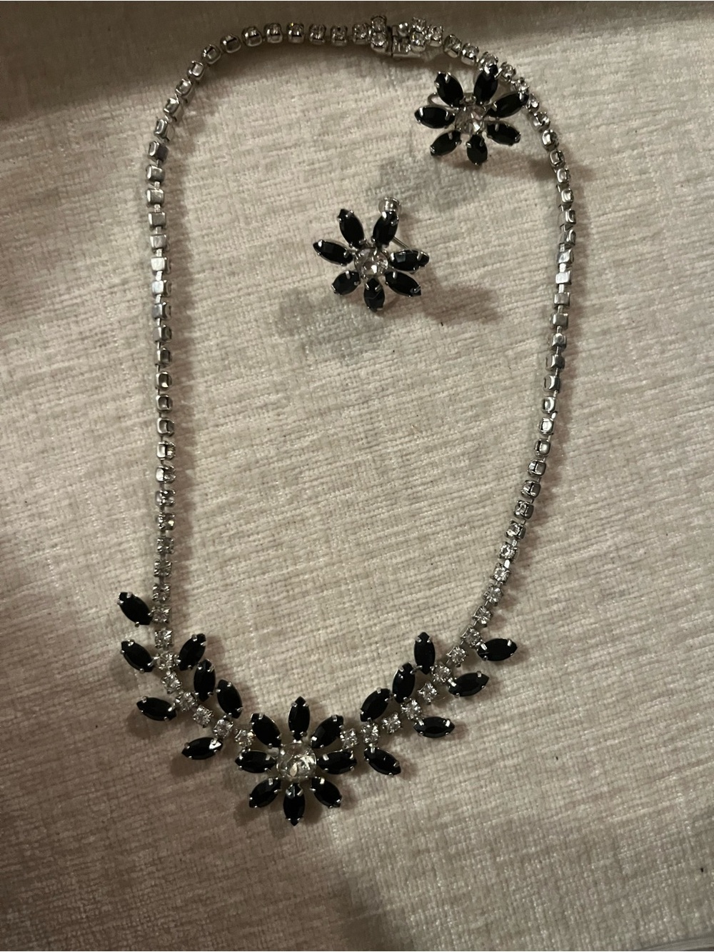 Vintage Black Crystal Floral Necklace and Earring Set Mid Century 1950